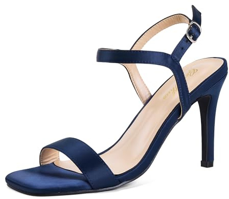 GENSHUO Sandali da Donna con Tacco, Punta Aperta Tacco Alto 8 cm, Sandali in Raso Scarpe Eleganti Estive Abito da Ballo per Feste Slingback con Cinturino alla Caviglia, raso blu navy, 38 EU