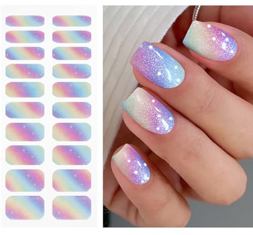 JMEOWIO Gel Nail Stickers Rainbow Glitter Semi Cured Gel Nail Strips Wraps UV/LED Nails Art Design Decoration Accessories