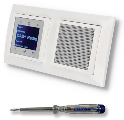 BERKER Unterputz DAB+ und Bluetooth Radio 30848989 mit Lautsprecher polarweiß glänzend mit 2fach Rahmen Berker 10128989 inkl. EBROM Phasenprüfer zur Montage der Geräte