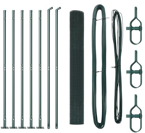 vidaXL Juego de Postes de Cerca Verde con Rollo de Malla 10 X 1 m Duradero Metal Diseño Tradicional para Instalación de Cercado Exterior Solución de Jardín Postes Recubiertos en Polietileno
