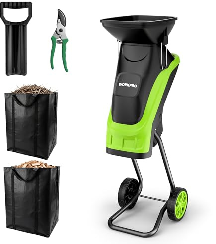WORKPRO Elektrischer Gartenhäcksler mit Gartenschere, 2500W Messerhäcksler für Frische Äste bis 44 mm, 4300 U/min, 2 x 45 L Sammelbeutel, Holzhäcksler und Laubhäcksler für Gartenabfälle