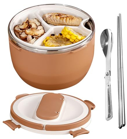 Buerfu Insulated Thermal Lunch Container with Utensil, Stainless Steel Keep Warm Leakproof Lunch Box Stackable Bent-o Round Food Flask Compartment for School O-ffice Picnic Outdoors