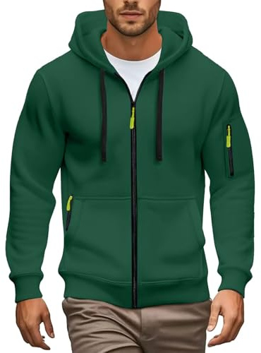 Felpa con cappuccio da uomo con zip, pullover con tasca a maniche lunghe con polsini, magliette, felpa con cappuccio in pile slim fit casual, Verde scuro, XXL