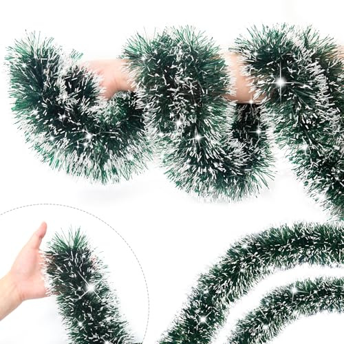 Guirnalda de Oropel de Navidad, 12M Guirnaldas de Navidad Metálicas, Brillante Espumillón Guirnalda, Decoración navideña para Decoración Pared Ventana Escalera Regalos (Blanco Verde)