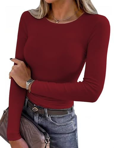 Aottori T-Shirt Femme Manches Longues sous Pull Col Rond Côtelé Élégant Hauts Extensible Slim Fit Sexy Tee Top Respiratoire Basic Hiver Pull Bordeaux L