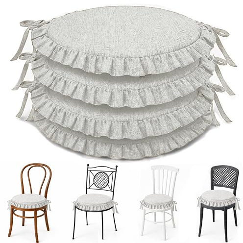 HAND Set 4 Cuscini Rotondi per Sedie con Lacci Antiscivolo, Sfoderabili, Imbottitura Inclusa, Dimensioni con bordi 45x45 cm, Adatto per Cucina, Interni ed Esterno, Cuscini O Made in Italy (Ecrù)
