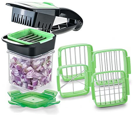 Genius Nicer Dicer Quick Zerkleinerer für Obst und Gemüse | 5 in 1 Multischneider mit austauschbaren Messereinsätzen | 30 Würfel oder 10 Scheiben mit einem klick (Grün), Edelstahl, 8 x 12 x 21