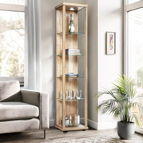 K-Möbel Vitrina (176x37x33 cm) con 4 estantes de Cristal Regulables en Altura, LED - Vitrine para automodelismo - Vitrina de coleccionista - Vitrine de salón