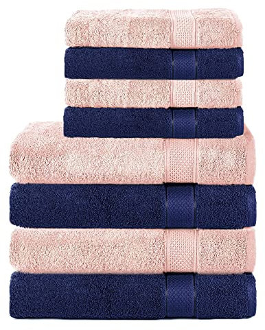 Komfortec 8er Handtuch Set aus 100% Baumwolle, 4 Badetücher 70x140 und 4 Handtücher 50x100 cm, Frottee, Weich, Towel Groß, Navyblau/Blütenrosa
