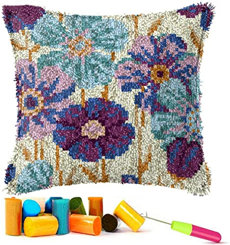 EMISTEM Kit di ganci per adulti, kit per cuscini a punto smirne, kit di filati all'uncinetto per principianti, custodia con tela stampata, confezione regalo (margherita, 43,2 x 43,2 cm)