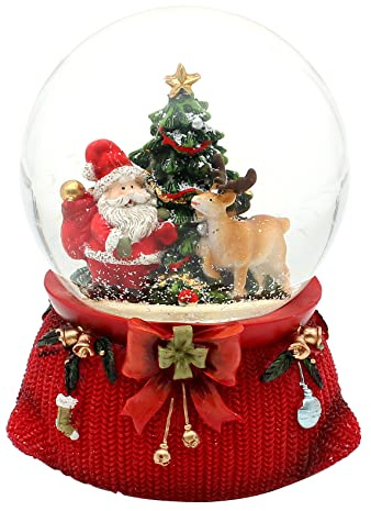 Dekohelden24 Grande palla di neve, Babbo Natale con REH e albero di Natale, con suono su base finemente decorata, dimensioni (L x P x A): 10 x 10 x 14 cm, sfera Ø 10 cm