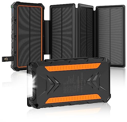 Batería externa solar de 20000 mAh, cargador solar de 3 A, carga rápida con 2 salidas y entrada USB-C, batería externa resistente al agua para exteriores con 4 paneles solares y linterna para