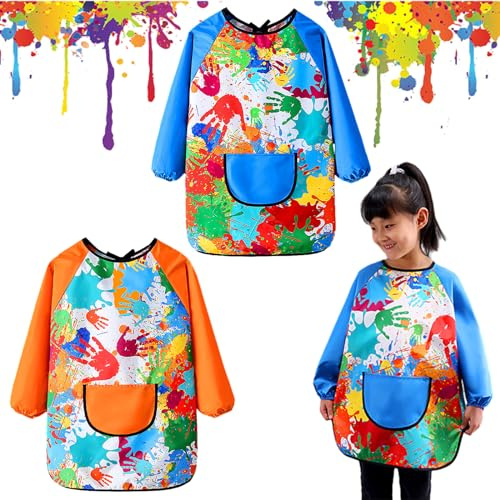 Pagezol 2PCS Kids Art Aprons for Age 7-12 Years Girls Boys, Waterproof Graffiti Aprons Long Sleeves with Pockets, Kids Painting Smock Toddler Children, Play Apron for Craft, School