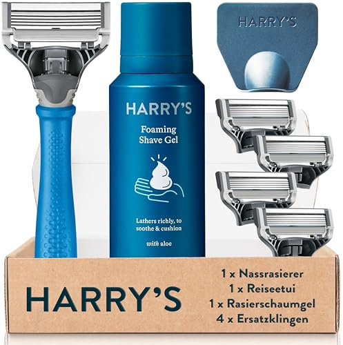 Harry’s Nassrasierer für Männer – Rasier-Set mit blauem Griff, 4 Ersatz-Rasierklingen, Reise-Klingen-Cover, 60ml Rasiergel Rasierer, Rasierklingen, Rasierklingen für Herren, Rasier Klingen Männer
