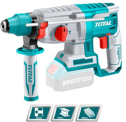 TOTAL - Martillo Combinado a Batería 20V - Motor Brushless Sin Escobillas - Luz LED - 3 Brocas SDS Plus y Cincel - Capacidad de Perforado 26mm - Fuerza Impacto 2J- No incluye Batería ni Cargador