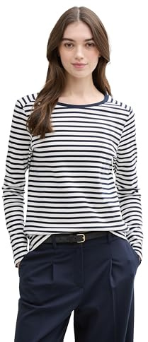 TOM TAILOR Denim Maglietta a Maniche Lunghe da Donna, 25924 – Navy White Stripe, L