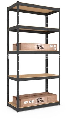 baudim - 180x60x40 cm Schwerlastregal, Steckregal schwarz mit 5 MDF-Böden und 175 kg Tragkraft, Metallregal, Garagenregal oder Lagerregal, Kellerregal, Abstelraum, Werkstattregal Metall
