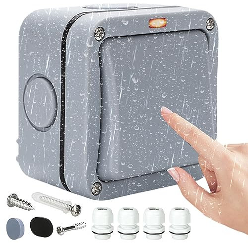 Universalschalter Wetterfester Schalter Lichtschalter: 20A IP66 Wasserdicht Schalter mit Unabhängigem Schalter Und Kontrollleuchte, Grau Aussen Switch für Outdoor Garten Balkon, 1 Gang