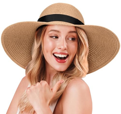 flintronic Moderner Sommerhut für Frauen, Breite Krempe Sonnenhut, Outdoor Sommer Wanderhut UV-Schutz, Faltbar Sonnenhut UPF50+, Strohhut, Strandkappe, Khaki