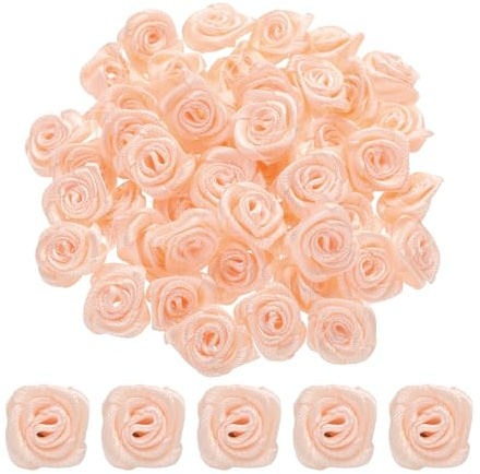 QUARKZMAN 100pz 1,5cm Mini Rose di Nastro in Raso Fiori Artificiali Stoffa Nastro Raso per Accessori Fai Da Te Cucito Confezione Regalo Decorazione Matrimonio, Champagne