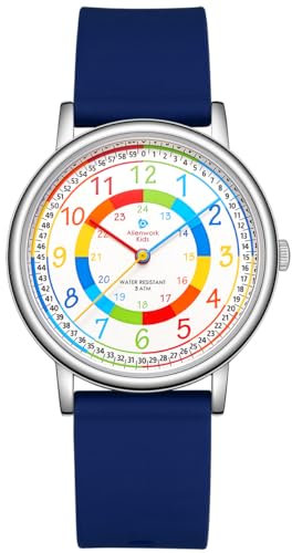 Alienwork Montre Pédagogique Apprendre l'Heure Enfants Garçon Fille Argent Bracelet en Silicone Bleu Marin Multicolore Enfants Temps d'apprentissage Très Mince