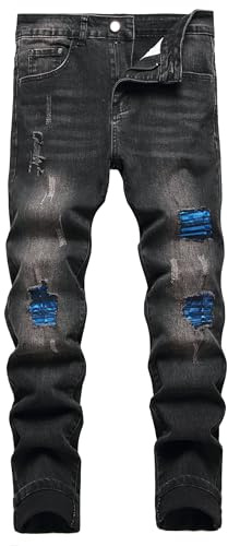 JENY-LUCK Men's Slim Fit Stretch Destroyed Ripped Skinny Jeans Mens Stretch Biker Ripped Jeans with Zipper Straight Fit Denim Pants Fashion Mens Slim Fit Skinny Denim Jeans