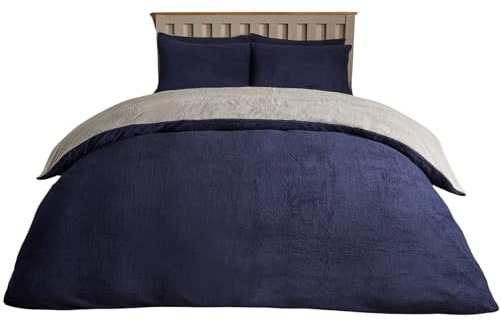 Brentfords Reversible Double Teddy Fleece Bedding Set, Fluffy Duvet Covers with Pillowcases Ultra Soft Thermal Winter Warm Teddy Bear Bedding Set - Navy/Grey, Double