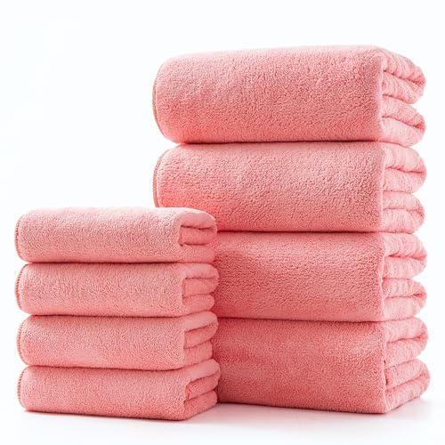 Lumimi Towel Set of 8 Very Soft Microfiber 4 Bath and 4 Hand Towels Quick Dry Light Weight for Bathroom Gym Salon, 8 Pack Pink Red