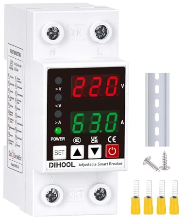 DIHOOL Smart Circuit Breaker with Adjustable Voltage Protection, 70-200V Low and 140-300V High Cutoff, 1-63A Overcurrent Protector, AC Disconnect Switch, DIN Rail Mount