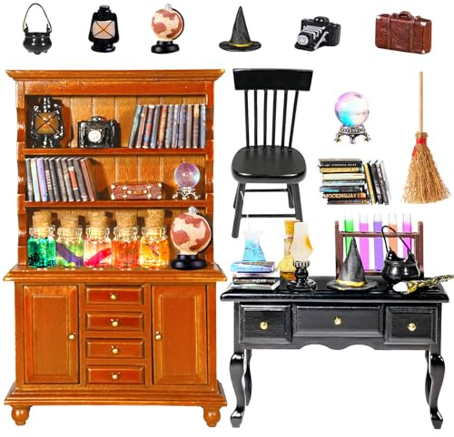 Rileryan 54 Pcs 1:12 Scale Magic Witchy House Kit Halloween Miniatures Furnitures Accessories Mini Wooden Bookshelf Bookcase 30 Mini Books Desk Chair Halloween Decoration Gift