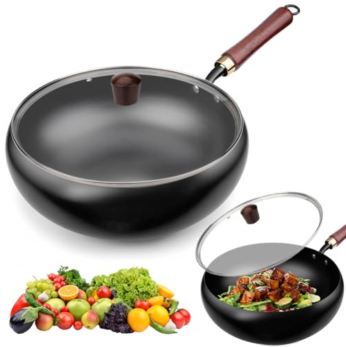 Quixion Wok Non Stick, New Chinese Handmade Cast Iron Wok with Glass Lid, Wok with Lid Non Stick, Cast Iron Wok, No Chemical Coated,Traditional Carbon Steel Woks,Ideal for Induction,Gas,All Hobs 28cm