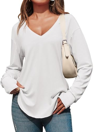Fisoew Maglietta a Maniche Lunghe da Donna Scollo a V Profondo Top Oversize Maglietta a Maniche Lunghe Casual Maglietta Lunga con Foro per Il Pollice, Bianco, L