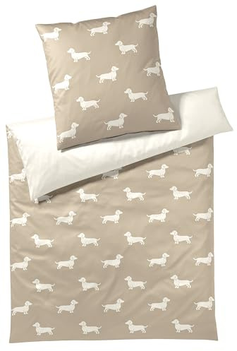 elegante Juego de ropa de cama de satén Mako, diseño de perritos de color beige natural, tamaño 155 x 220 + 80 x 80 cm