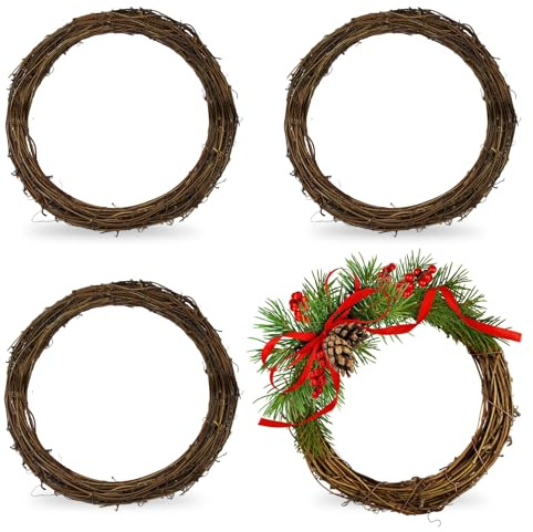 PRITOK Natural Grapevine Wreaths: 4 Pieces 30cm Hand-Woven Vine Branch Wreaths, Rattan Wreath, Round Garlands for DIY Christmas Halloween Wall Hanging, Front Door Wedding Party Decor