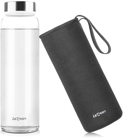 LETREEN Borraccia Vetro 1 Litro, Borraccia in Vetro Borosilicato con Custodia in Neoprene, senza BPA, a Prova di Perdite, Riutilizzabile per Bevande Calde e Fredde, Lavoro