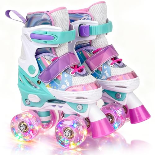 HISULIV Roller Skates for Kids Ages 5 6 8 12 Year Old 4 Size Adjustable Quad Roller Skates for Girls Boys Toddler with Light Up Wheels for Indoor Outdoor Pink