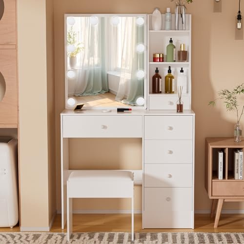 Puselo Tavolo da toeletta con illuminazione e specchio, tavolo cosmetico con sgabello, 6 cassetti e 6 scomparti, tavolo da toeletta bianco per camera da letto 80x36x130cm FP41
