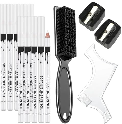 LEOINAER Lot de 10 Crayons Blancs de Coiffure avec Guide, Brosse et Taille-Crayons Crayon de traçage pour Contours de Barbe, Sourcils et Ligne de Cheveux Maquillage Professionnel Homme Femme