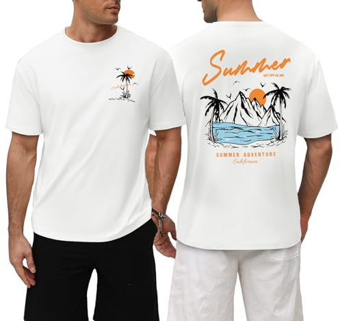 Xnova Camisetas Manga Corta Hombre Verano Camiseta Algodón Hombre Camiseta Estampada 100% Algodón Holgada Gráfico Playa Palmera Surf Cuello Redondo Baggy para Vacaciones y Diario, Blanco, L