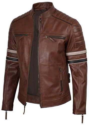 Decrum Leather Biker Jacket Men - Leather Motorcycle Jacket Men | [1130824] Hary Cognac White & Black Lines, L