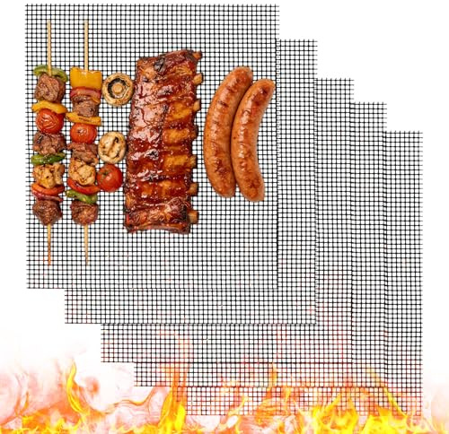 5 grillmattor för gasgrill 40x30cm, grillmattor, non-stick grillnät | grillgaller, återanvändbara grillmattor för kol, teflon grillgaller för elektrisk grill, airfryer BBQ (svart)