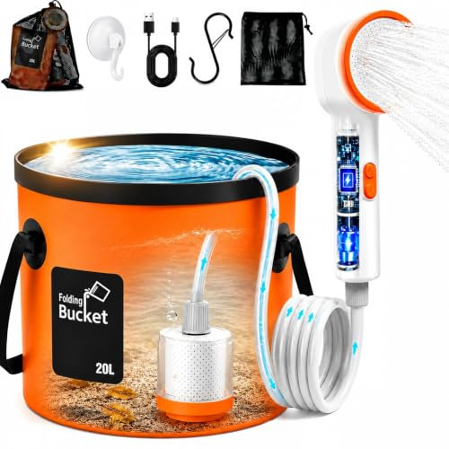 Ducha Portatil Camping con Bomba & Luz LED – Kit Ducha con Cubo Plegable 20L, Filtro Carbón Activo Triple Capa, 3 Modos Agua + 4 Modos Luz, Manguera 2m, USB-C – Ducha Camper Furgoneta Exterior Jardín