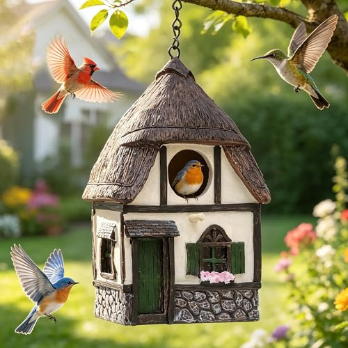 Attivolife Outside Bird Houses for Garden, Outdoor Birdhouse Hanging Waterproof with Thatch Roof, Resin Nesting Box Patio Yard Decor Bluebird Finches Cardinals, Gifts for Bird Lover Mom Women