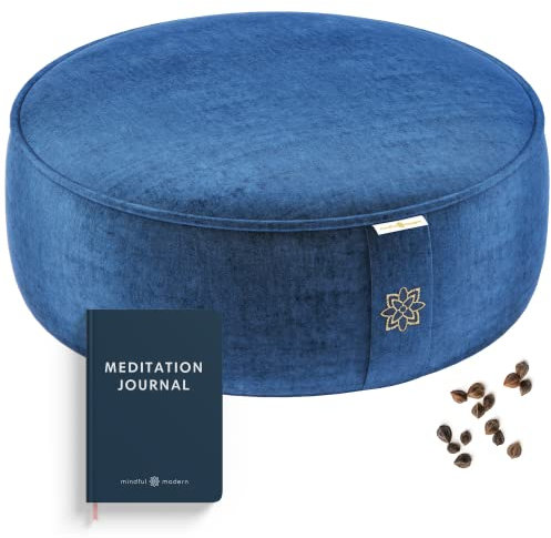 Mindful & Modern Velvet Meditation Cushion | Luxe Zafu Yoga Floor Pillow Seat | Posture Support | Buckwheat Hull Filled | Large Round Cushion with Removable Washable Cover + Carry Handle | Color Blue
