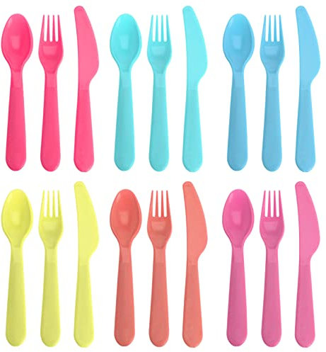 MIJOMA 18-teiliges Besteckset aus Kunststoff, Messer Gabel Löffel, mehrweg, wiederverwendbar, leicht, mikrowellen- und spülmaschinenfest, ideal für Reise Camper Party Picknick Outdoor-Einsatz, Bunt