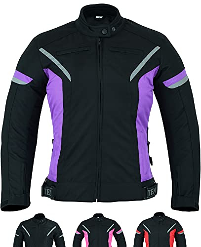 Texpeed Womens Motorcycle Biker Jacket Ladies Waterproof Textile Cordura Coat With Motorbike CE Armour (EN 1621-1) Black Purple - L