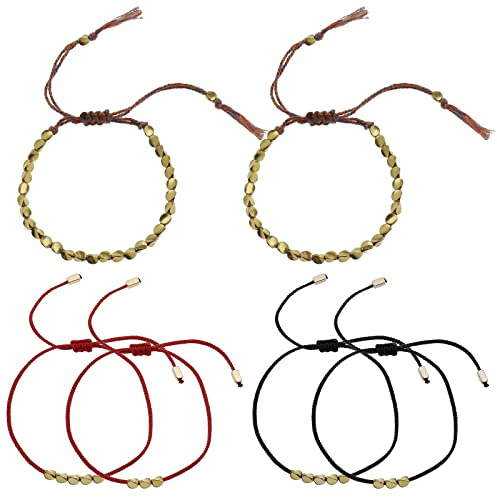 eMagTech 6pcs Tibétain Cuivre Perles Bracelets Bouddhiste Chanceux Bracelet Main Tressé Corde Réglable Bonne Chance Amulette Bijoux Cadeau pour Femmes Hommes Enfants