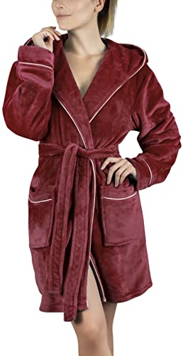 Gräfenstayn Bademantel Damen flauschig mit Kapuze - Kuschelfleece - Öko-Tex Standard 100 - Morgenmantel leicht & kurz - Größe (L, Bordeaux)