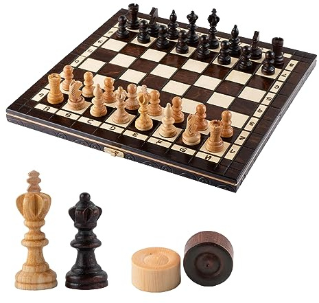 Master of Chess Schackbräde i Trä 35 cm och Damspel Med Schackpjäser 2 i 1 Turnering “OLYMPIC - Handgjort Reseschackspel Som Är Vikbart - Stort Schackspel för Barn och Vuxna