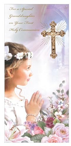 CGFA Granddaughter First Holy Communion Catholic Celebration Card with a Metal Cross Crucifix, Embossed and Boxed for a Special Girl